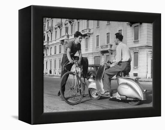 Two Men Talking in Street with Vespa Scooter and Bicycle-Dmitri Kessel-Framed Premier Image Canvas