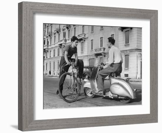 Two Men Talking in Street with Vespa Scooter and Bicycle-Dmitri Kessel-Framed Photographic Print