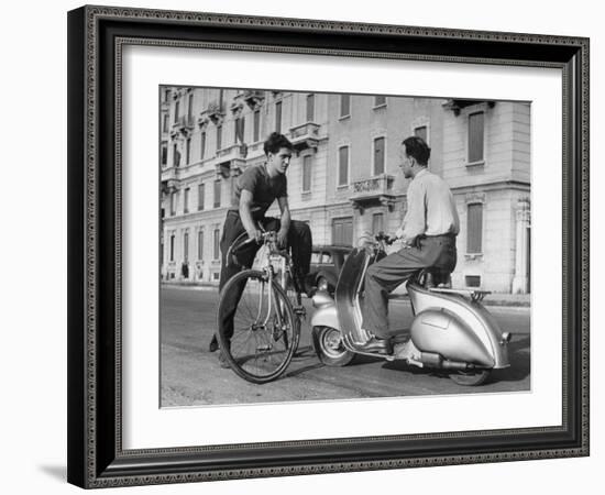 Two Men Talking in Street with Vespa Scooter and Bicycle-Dmitri Kessel-Framed Photographic Print