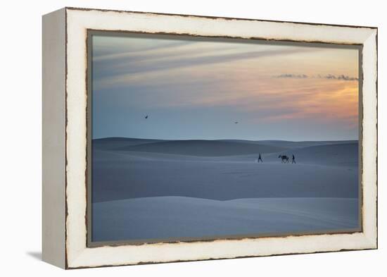 Two Men Walk a Donkey over Dunes at Sunset in Brazil's Lencois Maranhenses National Park-Alex Saberi-Framed Premier Image Canvas