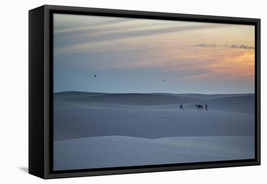 Two Men Walk a Donkey over Dunes at Sunset in Brazil's Lencois Maranhenses National Park-Alex Saberi-Framed Premier Image Canvas