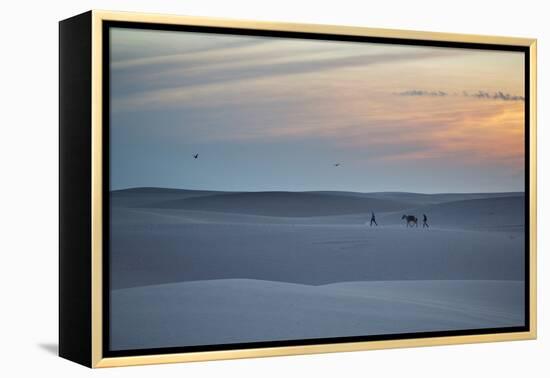 Two Men Walk a Donkey over Dunes at Sunset in Brazil's Lencois Maranhenses National Park-Alex Saberi-Framed Premier Image Canvas