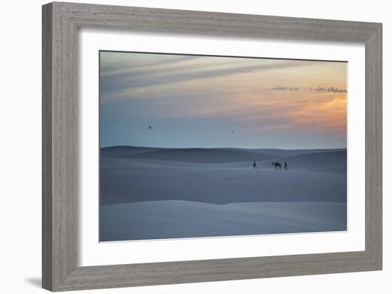 Two Men Walk a Donkey over Dunes at Sunset in Brazil's Lencois Maranhenses National Park-Alex Saberi-Framed Photographic Print