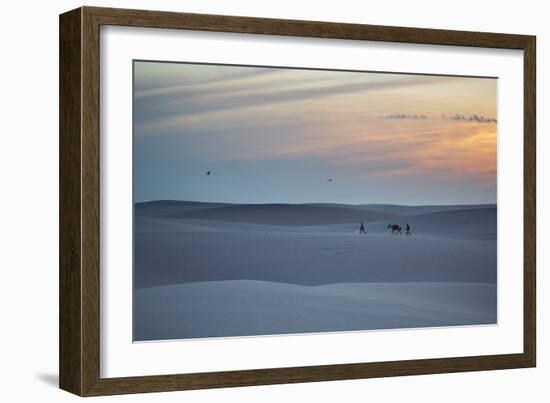 Two Men Walk a Donkey over Dunes at Sunset in Brazil's Lencois Maranhenses National Park-Alex Saberi-Framed Photographic Print