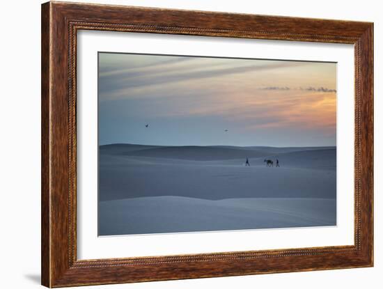 Two Men Walk a Donkey over Dunes at Sunset in Brazil's Lencois Maranhenses National Park-Alex Saberi-Framed Photographic Print