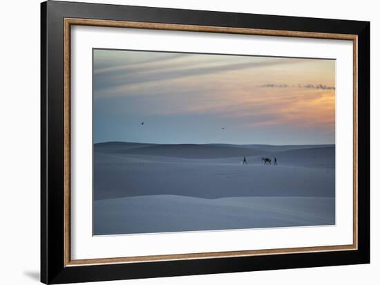 Two Men Walk a Donkey over Dunes at Sunset in Brazil's Lencois Maranhenses National Park-Alex Saberi-Framed Photographic Print