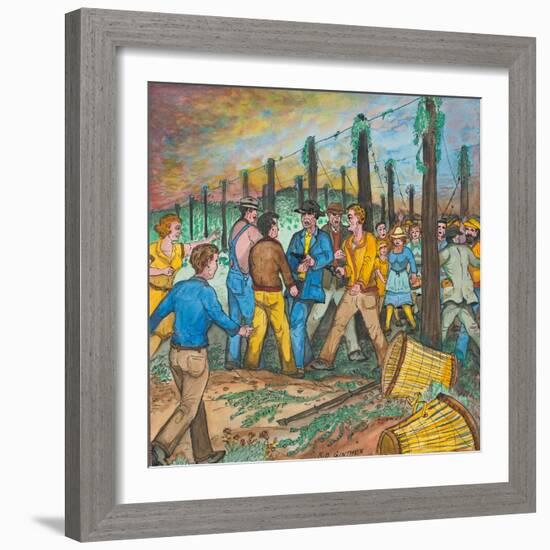 Two Men with Guns Drawn Confronting Two Other Men (Hop Yard Owners?) During a Hop Yard Strike-Ronald Ginther-Framed Giclee Print