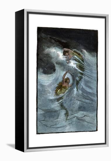 Two Mermaids Playing in the Waves, "A Nixie's Legend"-null-Framed Premier Image Canvas