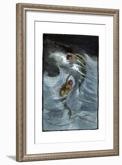 Two Mermaids Playing in the Waves, "A Nixie's Legend"-null-Framed Giclee Print