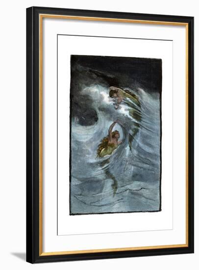 Two Mermaids Playing in the Waves, "A Nixie's Legend"-null-Framed Giclee Print