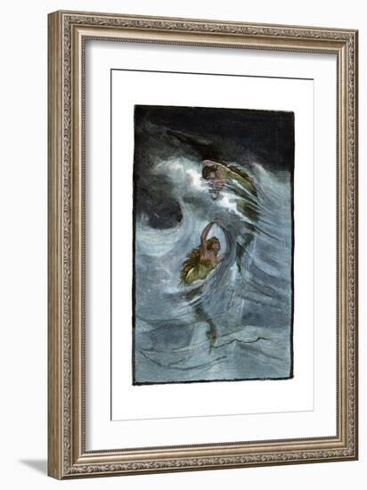 Two Mermaids Playing in the Waves, "A Nixie's Legend"-null-Framed Giclee Print