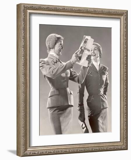 Two Models Wearing Suits with Fitted Jackets and Narrow Skirts, Crocheted Hats, 1946-Gjon Mili-Framed Photographic Print