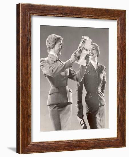 Two Models Wearing Suits with Fitted Jackets and Narrow Skirts, Crocheted Hats, 1946-Gjon Mili-Framed Photographic Print