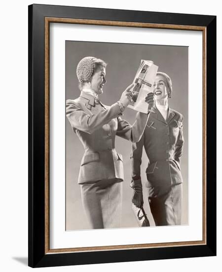 Two Models Wearing Suits with Fitted Jackets and Narrow Skirts, Crocheted Hats, 1946-Gjon Mili-Framed Photographic Print