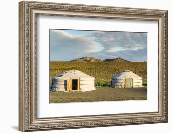 Two Mongolian nomadic gers and mountains in the background, Bayandalai district, South Gobi provinc-Francesco Vaninetti-Framed Photographic Print