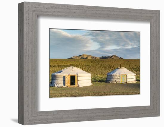 Two Mongolian nomadic gers and mountains in the background, Bayandalai district, South Gobi provinc-Francesco Vaninetti-Framed Photographic Print