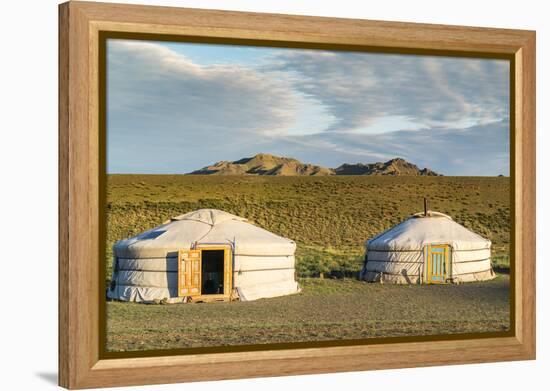 Two Mongolian nomadic gers and mountains in the background, Bayandalai district, South Gobi provinc-Francesco Vaninetti-Framed Premier Image Canvas