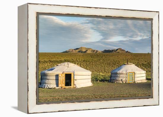 Two Mongolian nomadic gers and mountains in the background, Bayandalai district, South Gobi provinc-Francesco Vaninetti-Framed Premier Image Canvas
