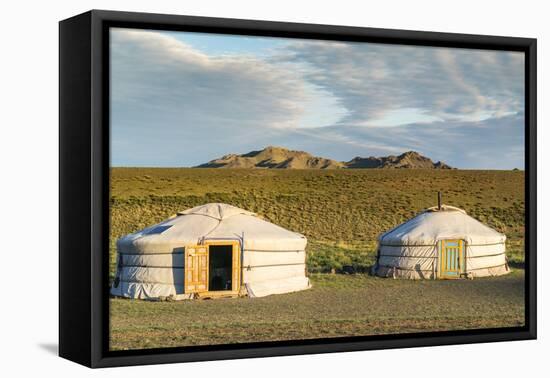 Two Mongolian nomadic gers and mountains in the background, Bayandalai district, South Gobi provinc-Francesco Vaninetti-Framed Premier Image Canvas