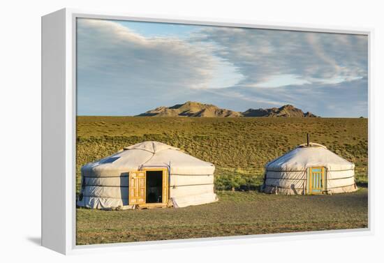 Two Mongolian nomadic gers and mountains in the background, Bayandalai district, South Gobi provinc-Francesco Vaninetti-Framed Premier Image Canvas