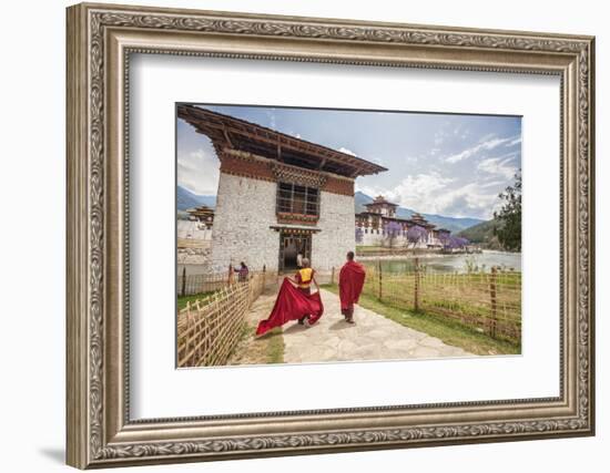 Two Monks Dressed in Traditional Red Access the Punakha Dzong, Punakha-Roberto Moiola-Framed Photographic Print