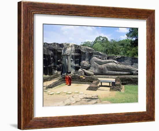 Two Monks in Front of Buddha Statue, Gal Vihara, Polonnaruwa, Unesco World Heritage Site, Sri Lanka-Yadid Levy-Framed Photographic Print