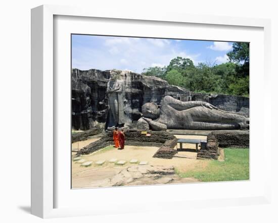 Two Monks in Front of Buddha Statue, Gal Vihara, Polonnaruwa, Unesco World Heritage Site, Sri Lanka-Yadid Levy-Framed Photographic Print