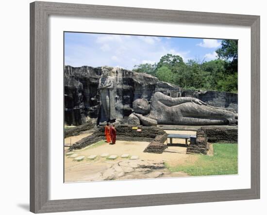 Two Monks in Front of Buddha Statue, Gal Vihara, Polonnaruwa, Unesco World Heritage Site, Sri Lanka-Yadid Levy-Framed Photographic Print