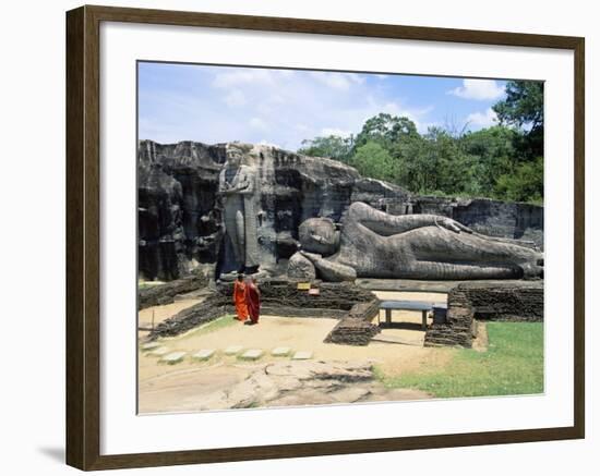 Two Monks in Front of Buddha Statue, Gal Vihara, Polonnaruwa, Unesco World Heritage Site, Sri Lanka-Yadid Levy-Framed Photographic Print