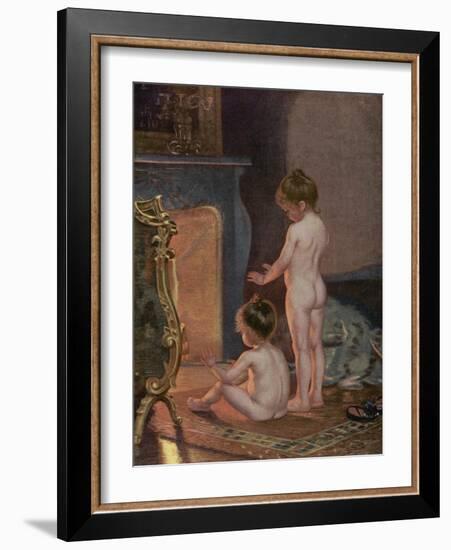 Two Naked Children Warm Themselves at the Fireside after their Bath-null-Framed Art Print