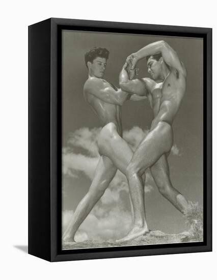 Two Naked Muscle Men Wrestling-null-Framed Stretched Canvas