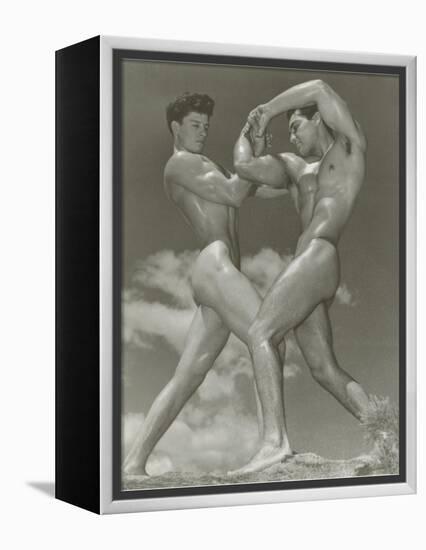 Two Naked Muscle Men Wrestling-null-Framed Stretched Canvas