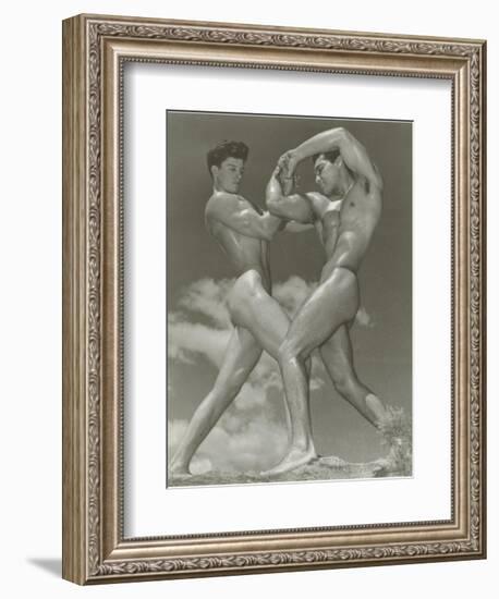 Two Naked Muscle Men Wrestling-null-Framed Art Print