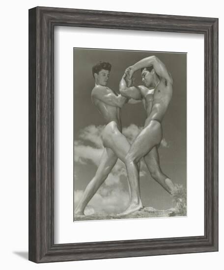 Two Naked Muscle Men Wrestling-null-Framed Art Print