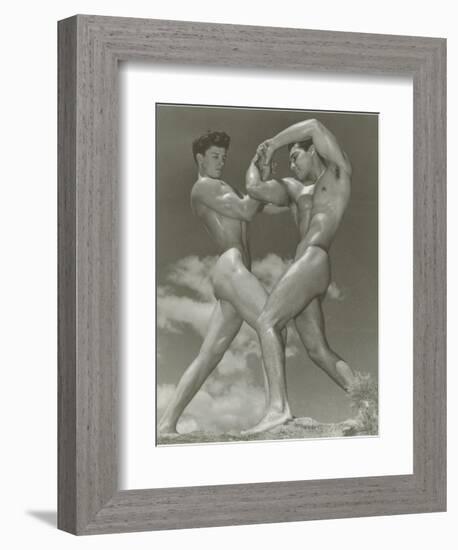 Two Naked Muscle Men Wrestling-null-Framed Art Print