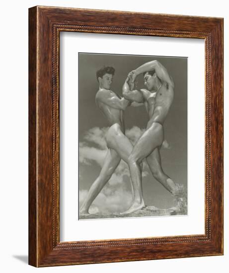 Two Naked Muscle Men Wrestling-null-Framed Art Print