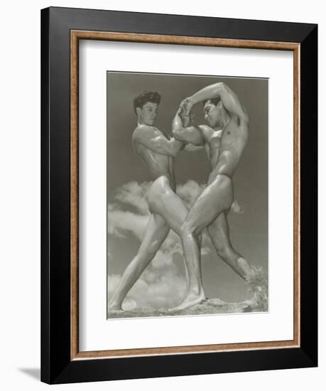 Two Naked Muscle Men Wrestling-null-Framed Art Print