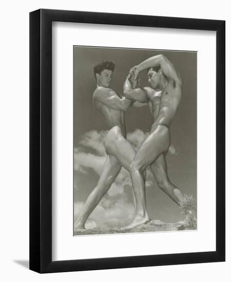 Two Naked Muscle Men Wrestling-null-Framed Art Print