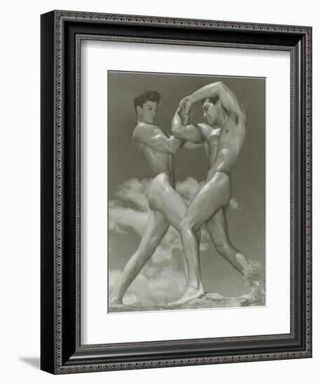 Two Naked Muscle Men Wrestling-null-Framed Art Print