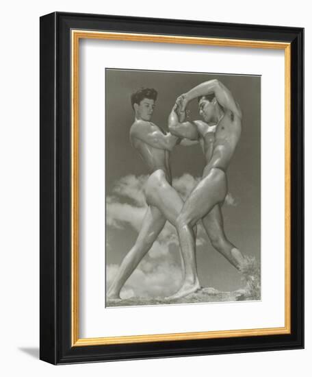 Two Naked Muscle Men Wrestling--Framed Art Print