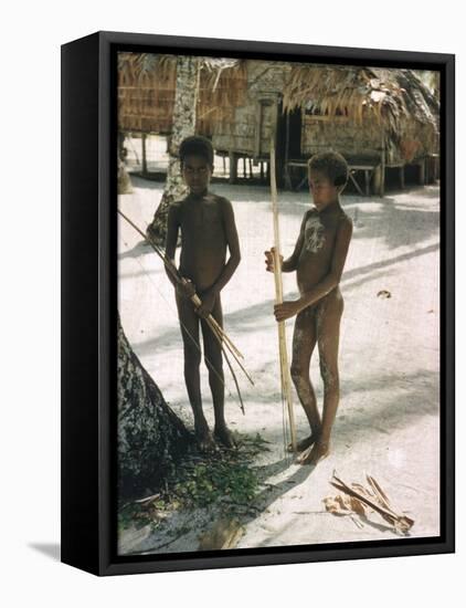 Two Native Male Children with Bows and Arrows Standing on White Beach, Santa Cruz Island-Eliot Elisofon-Framed Premier Image Canvas