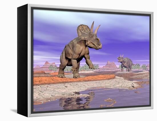 Two Nedoceratops Next to Water in a Colorful Rocky Landscape-null-Framed Stretched Canvas