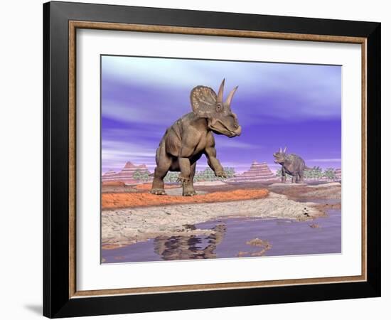 Two Nedoceratops Next to Water in a Colorful Rocky Landscape-null-Framed Art Print