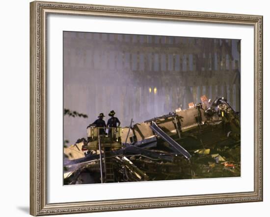 Two New York Firefighters View the Smoldering Rubble-null-Framed Photographic Print