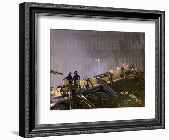 Two New York Firefighters View the Smoldering Rubble-null-Framed Photographic Print