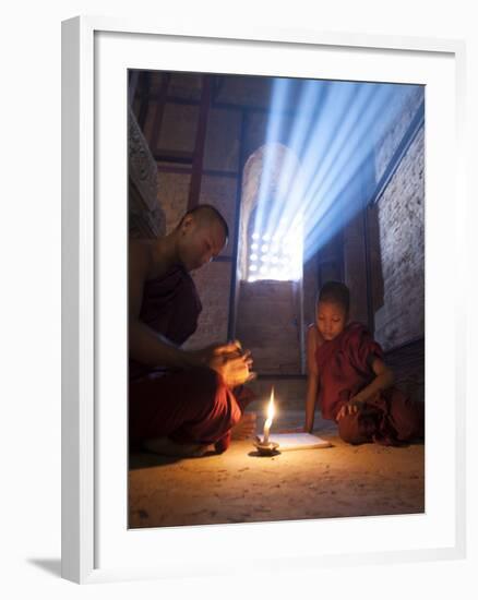 Two Novice Monks Reading Buddhist Texts Inside a Pagoda at Bagan in the Country of Burma (Myanmar)-Kyle Hammons-Framed Photographic Print