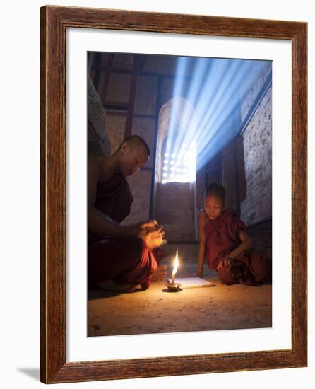 Two Novice Monks Reading Buddhist Texts Inside a Pagoda at Bagan in the Country of Burma (Myanmar)-Kyle Hammons-Framed Photographic Print