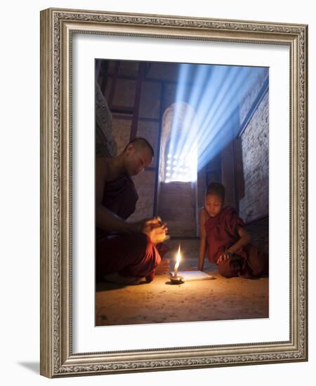 Two Novice Monks Reading Buddhist Texts Inside a Pagoda at Bagan in the Country of Burma (Myanmar)-Kyle Hammons-Framed Photographic Print