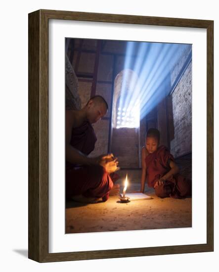 Two Novice Monks Reading Buddhist Texts Inside a Pagoda at Bagan in the Country of Burma (Myanmar)-Kyle Hammons-Framed Photographic Print