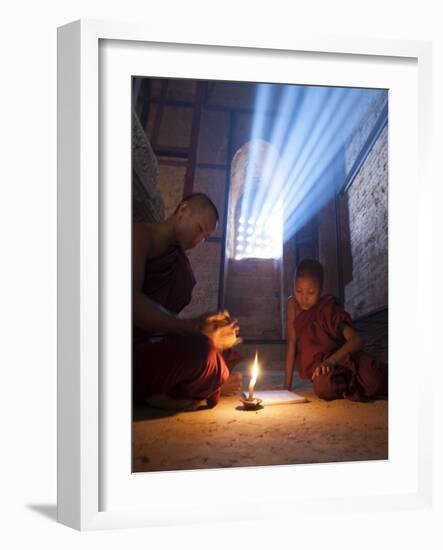 Two Novice Monks Reading Buddhist Texts Inside a Pagoda at Bagan in the Country of Burma (Myanmar)-Kyle Hammons-Framed Photographic Print